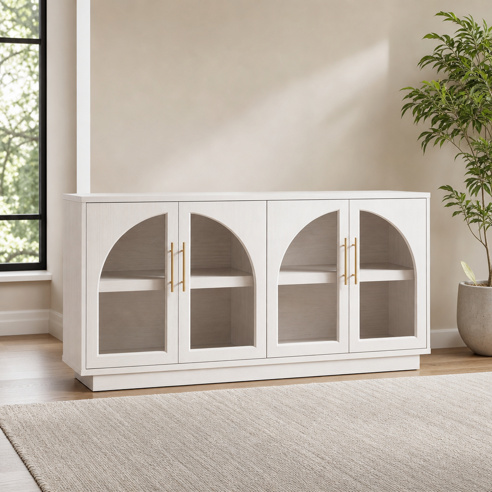 White arched glass-door buffet sideboard angled front view in a neutral living room