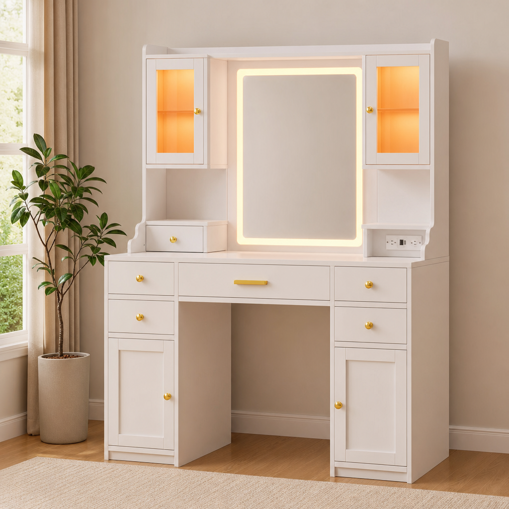 White vanity desk with large LED-backed mirror lit warm and gold hardware, front view in a bedroom setting