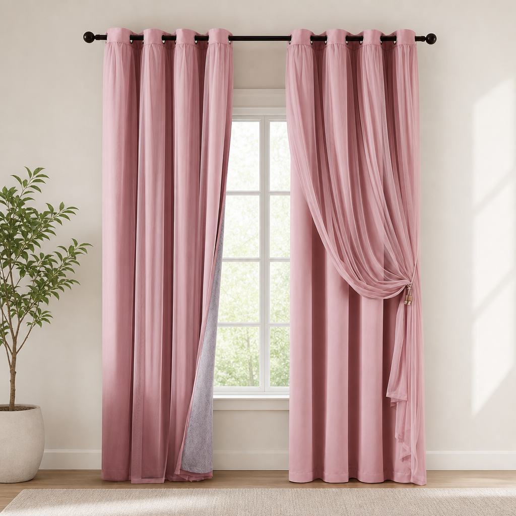 Double-layer pink curtain panels hung on a rod with sheer overlay tied to the right and a potted plant at left.