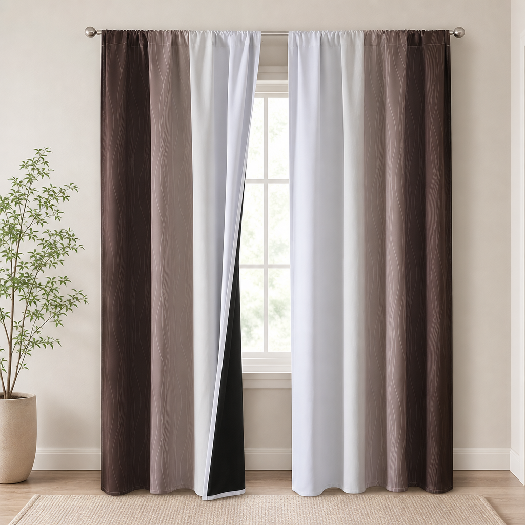 Grey and greyish-white ombre blackout curtain set, two panels, front view hung on rod with window behind