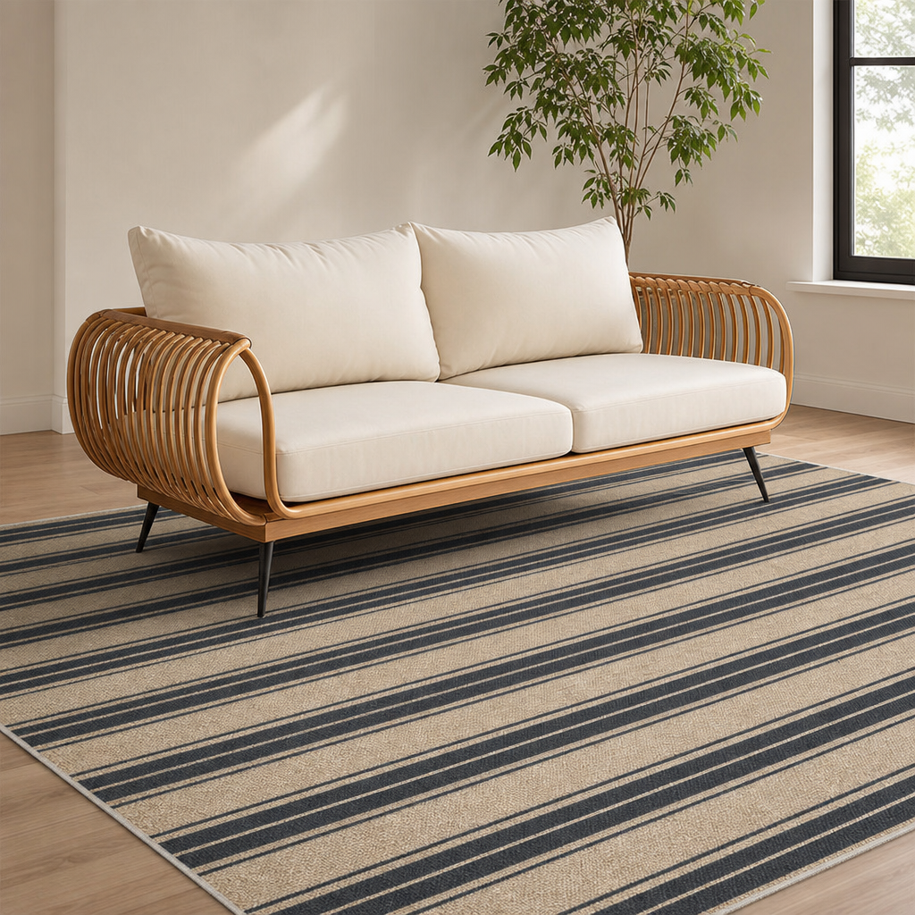 Tan and black striped jute-look rug under a rattan-style sofa, angled front view in a living room