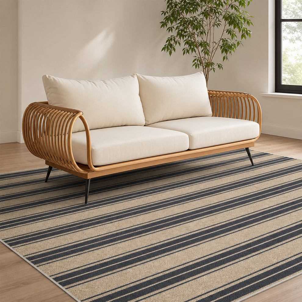 Tan and black striped jute-look rug under a rattan-style sofa, angled front view in a living room