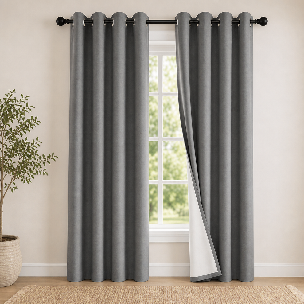 Charcoal grey grommet-top curtain panels hung on a black rod with a partial view of white blackout lining.