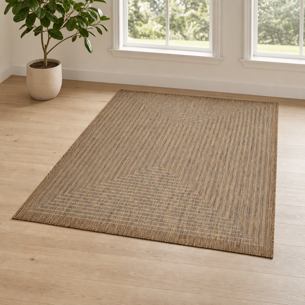 Natural beige polypropylene rug angled front view on light wood floor with potted plant by a sunlit window