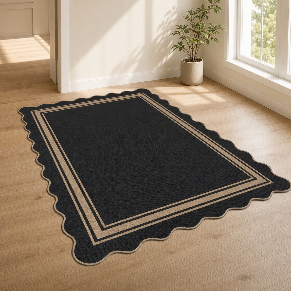 Zeeinx 5x7 Scalloped Rug Easy Jute Washable Outdoor Patio Rug | Indoor Outdoor Bla centered in a warm neutral furnished room