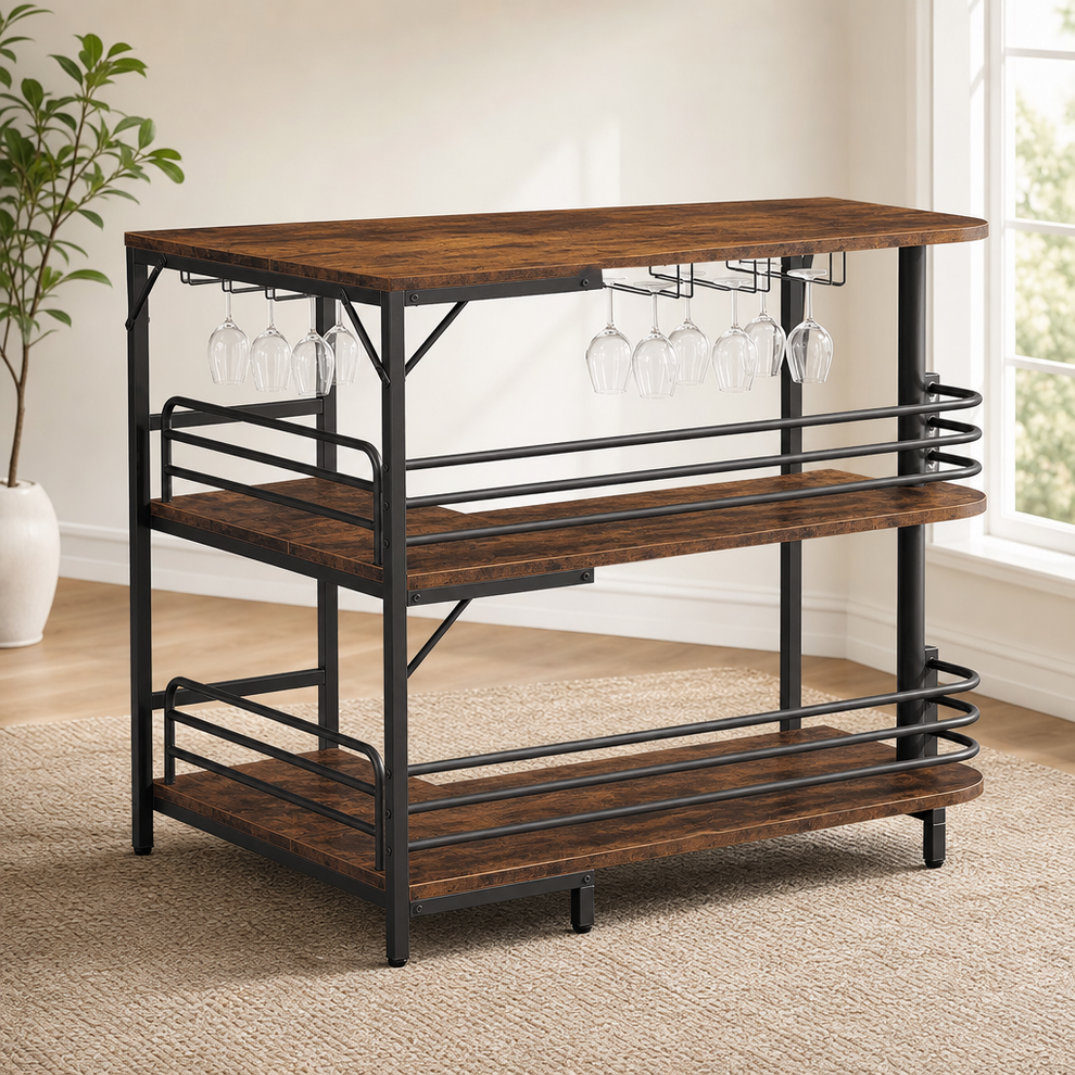 Brown L-shaped home bar with metal frame angled front view showing stemware rack and guard rails