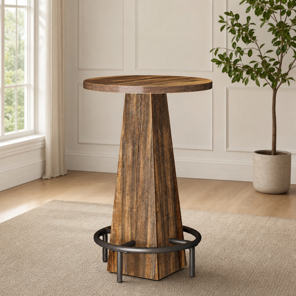 Rustic brown round bar-height table with tapered wood-look pedestal and black metal footrest, front angle