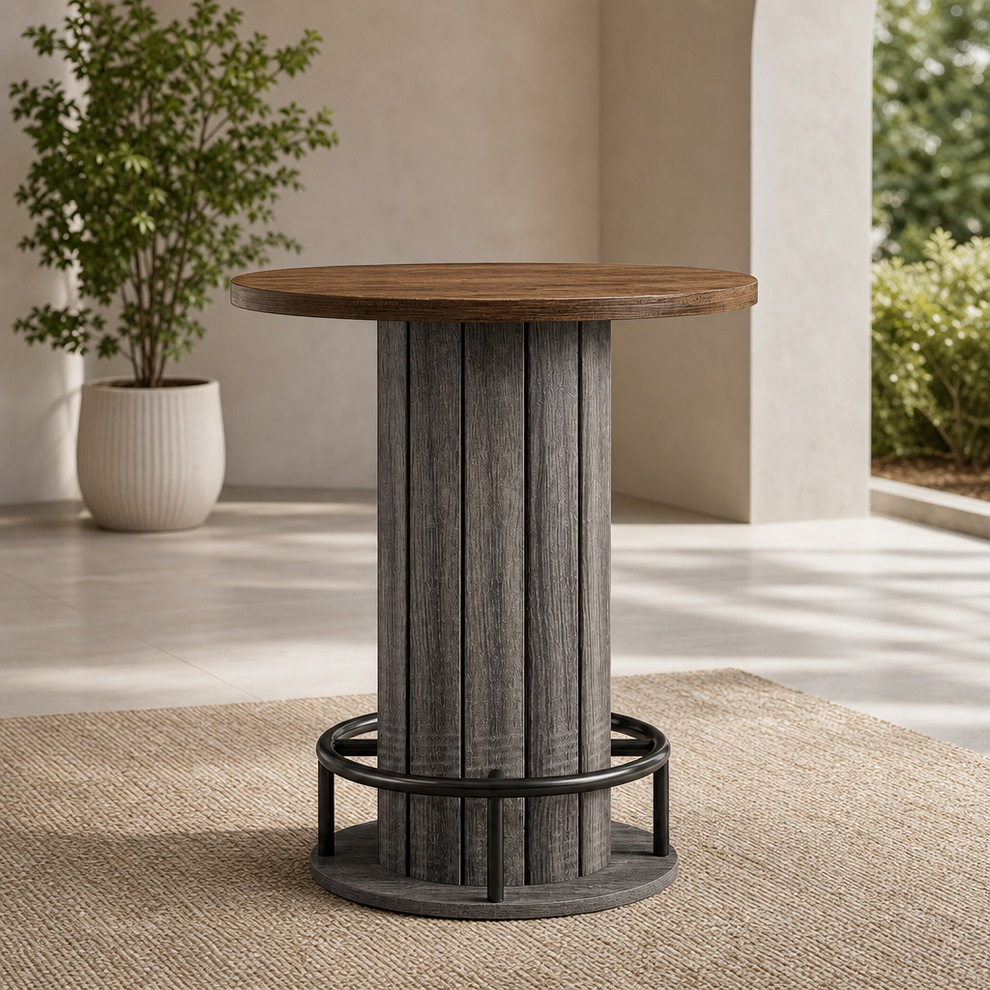 Round bistro table with warm-brown wood-grain top and gray vertical slatted base with metal ring footrest in a neutral room