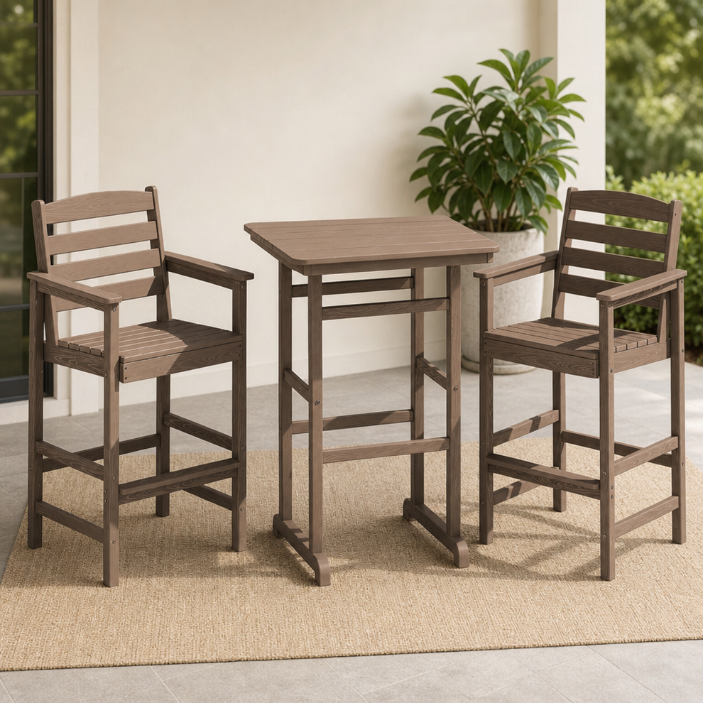 Brown HDPE Adirondack bar set with two bar chairs and a square table on a rug, angled front view
