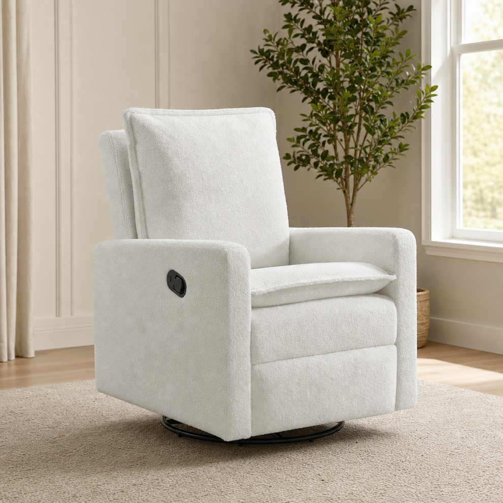 Oxford Baby Uptown Upholstered Glider Recliner Rocking Chair 360° Swivel for Nurse centered in a warm neutral furnished room