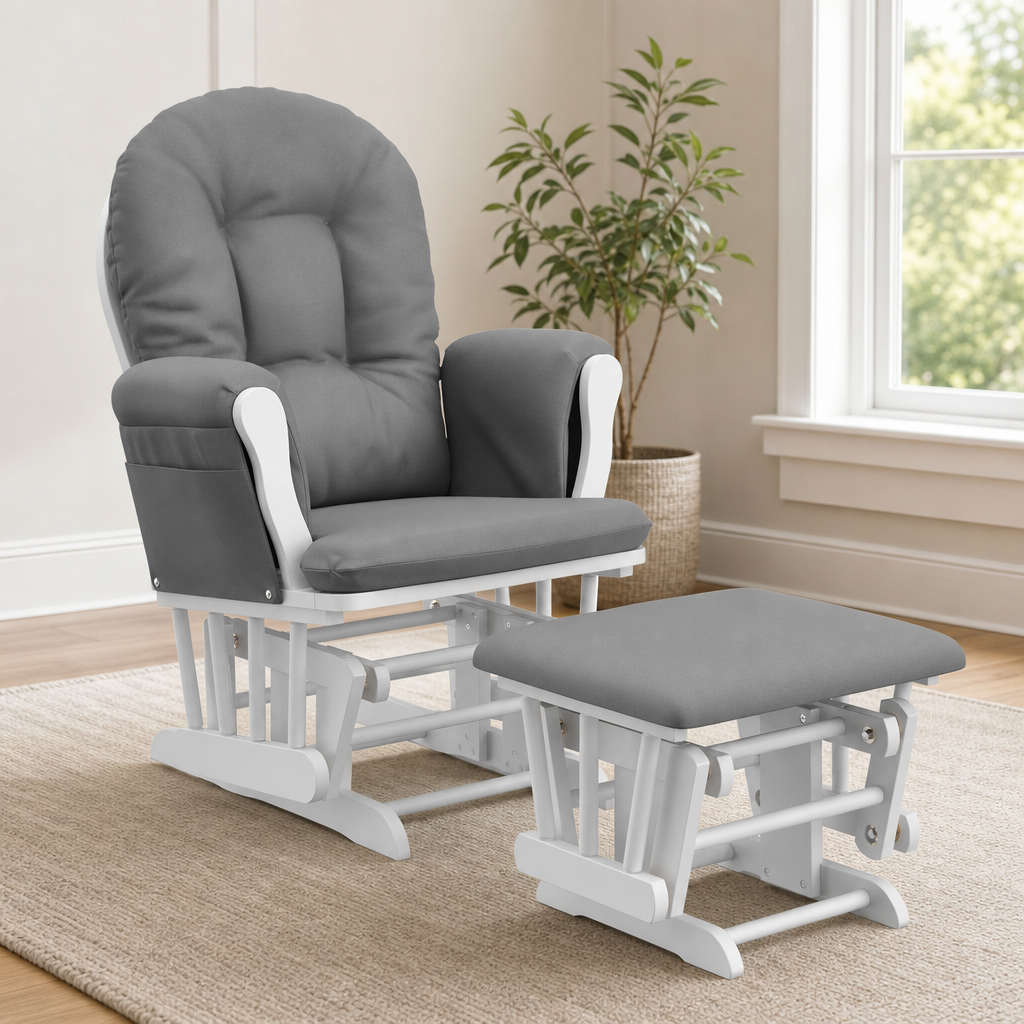 Storkcraft Premium Hoop Glider & Ottoman, White/Gray | GREENGUARD Gold Certified,  centered in a warm neutral furnished room