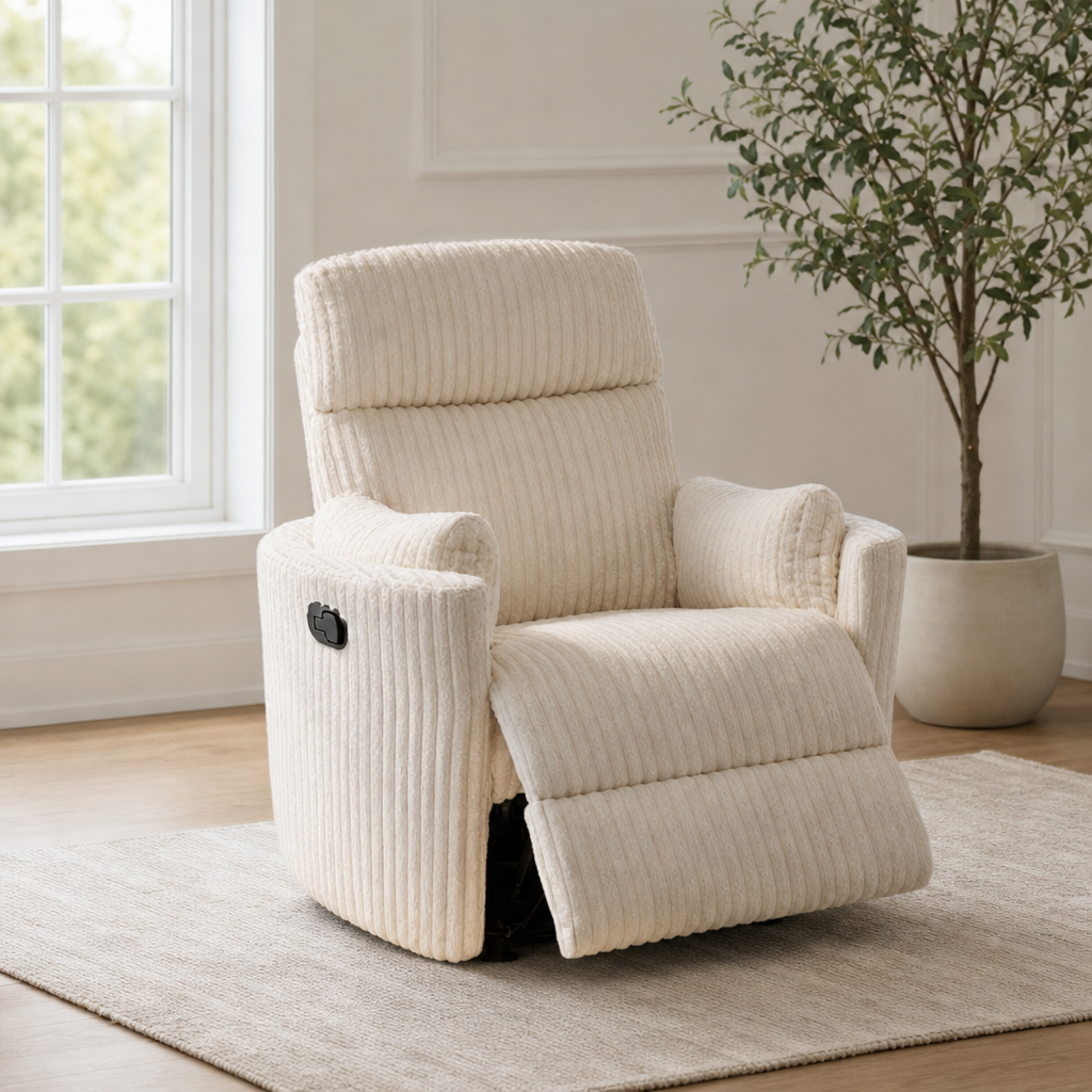 Nursery Rocking Chairs Comfy High Back 360 Swivel Rocker Recliner with 2 Pillows G centered in a warm neutral furnished room