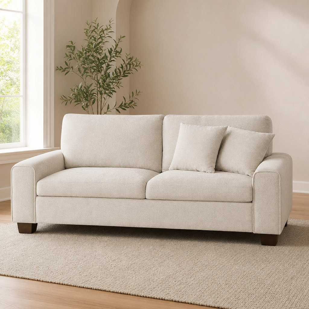 Light beige chenille 3-seat sofa front view in a bright living room with a potted plant