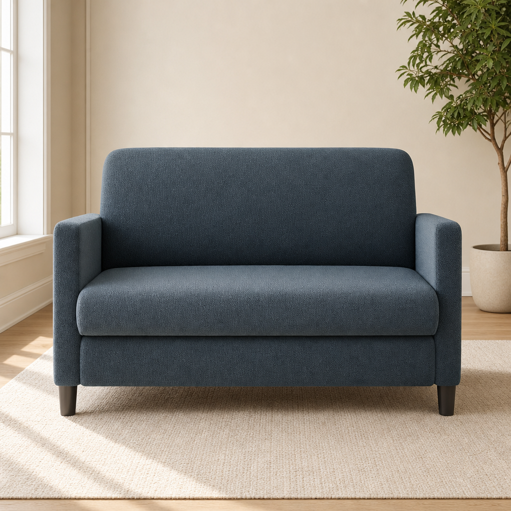 Grey Teddy fabric loveseat front view on a neutral rug with rounded arms