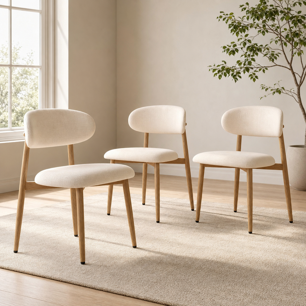 Beige upholstered dining chairs with wood‑grain metal legs on a light rug, angled front view