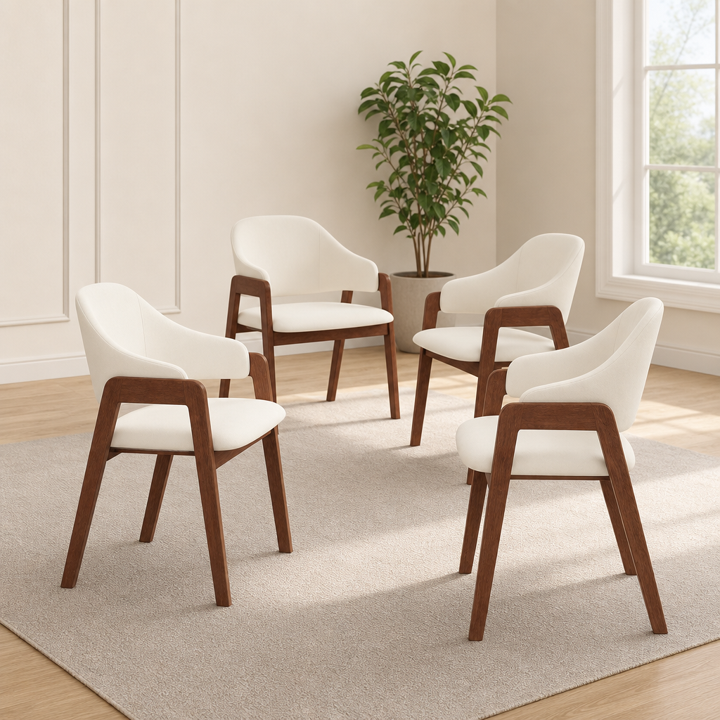 Beige upholstered dining chairs with walnut-tone wood frame arranged on a neutral rug, angled front view