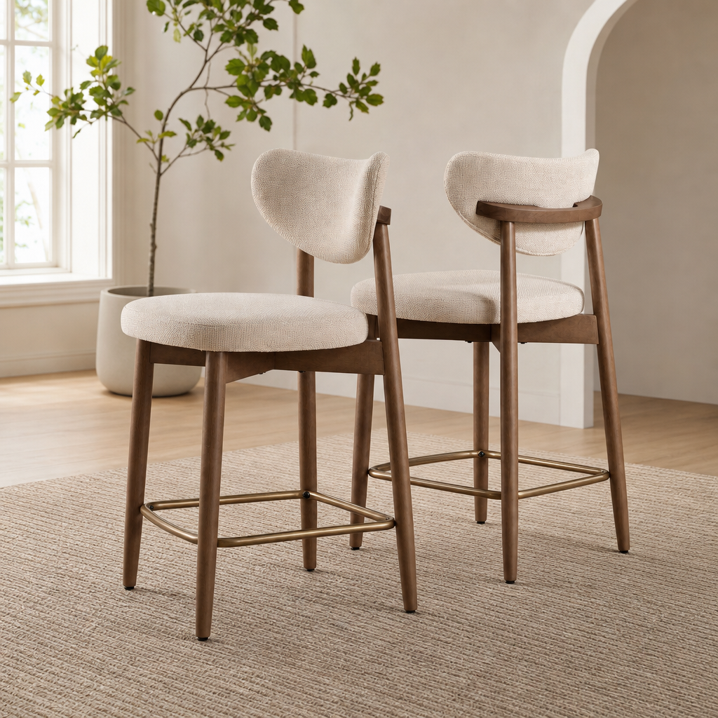 Beige linen-look counter stools, set of two, angled front view showing padded seats and wood legs on a rug.
