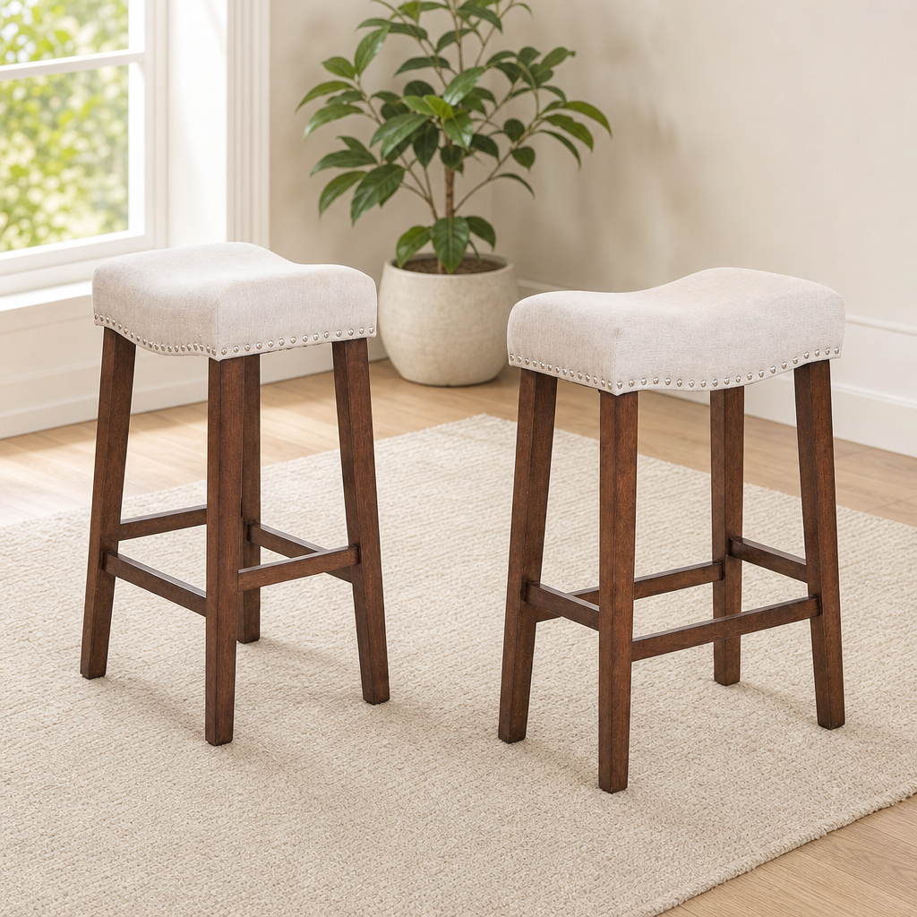 Two beige backless saddle stools with nailhead trim on rubberwood legs placed on a neutral rug near a window