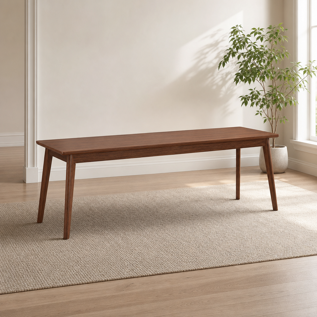 Walnut long desk full view in a bright room, angled front-left on a neutral rug