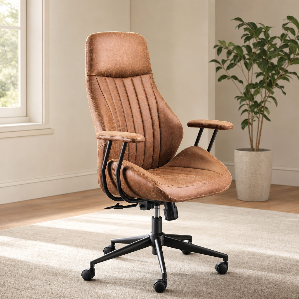 Brown faux suede high-back office chair angled front view on a light rug near a window and potted plant