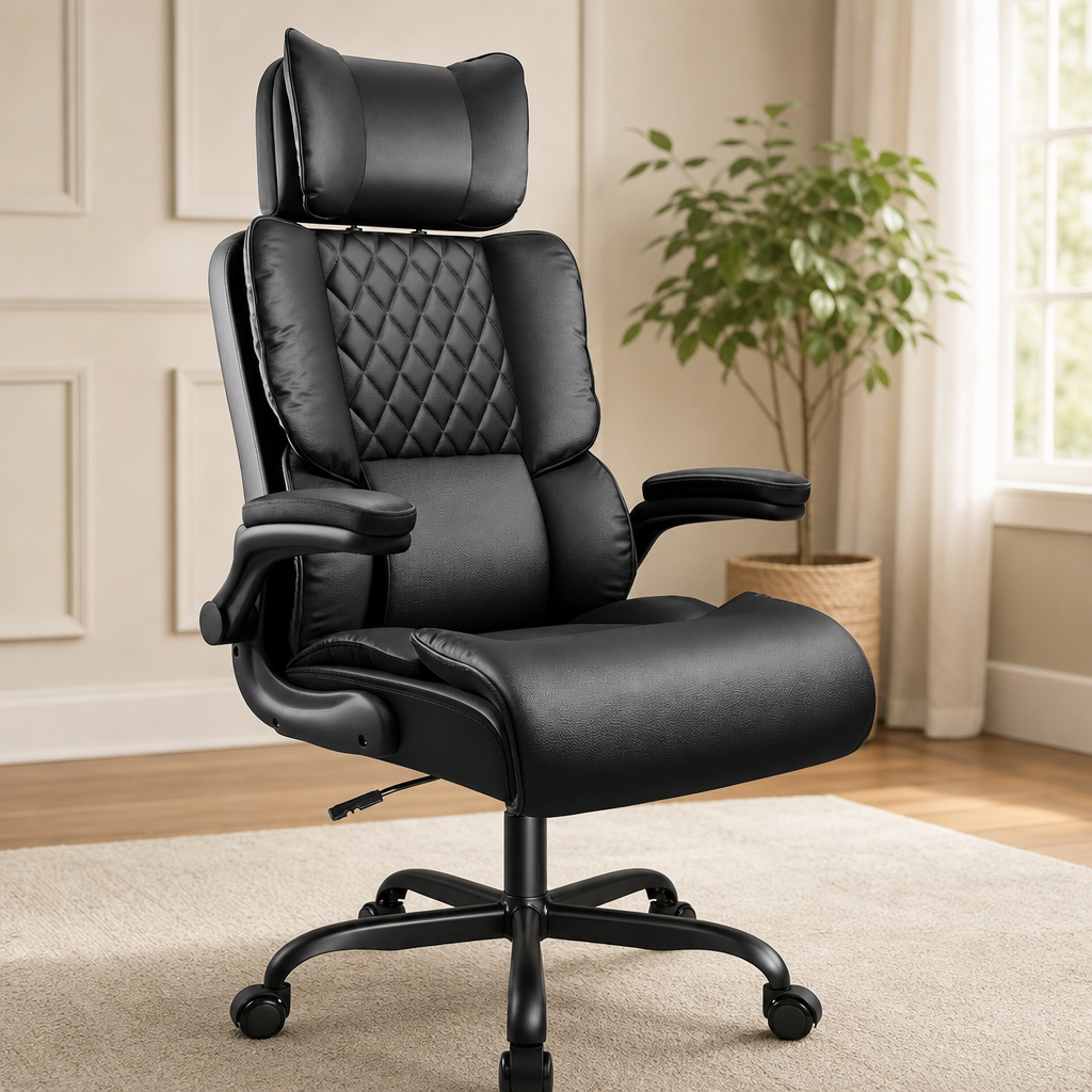 Black high-back PU leather office chair angled front view in a bright room with a potted plant