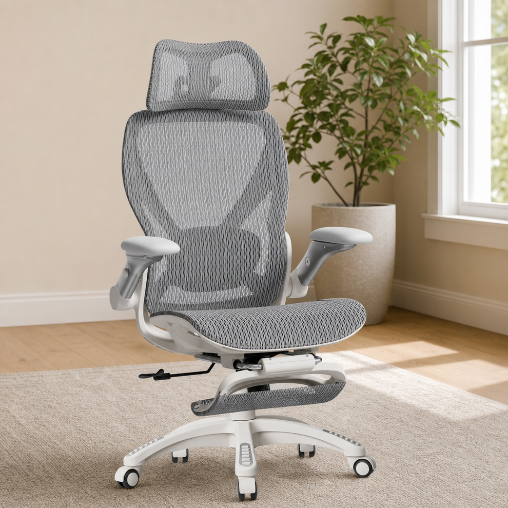 Grey mesh ergonomic office chair angled front view in a bright room showing retractable footrest
