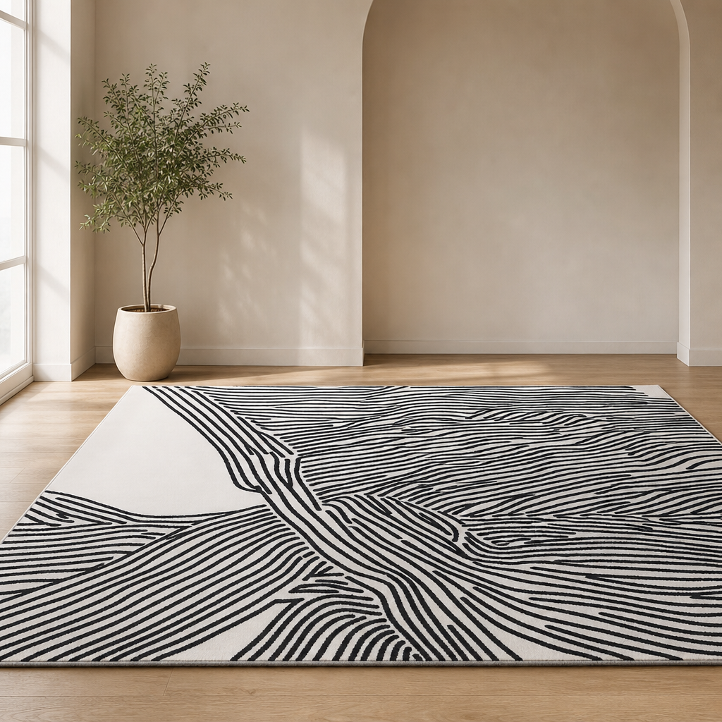 Beige rug with black abstract linear pattern angled front view on light wood floor in a bright neutral room