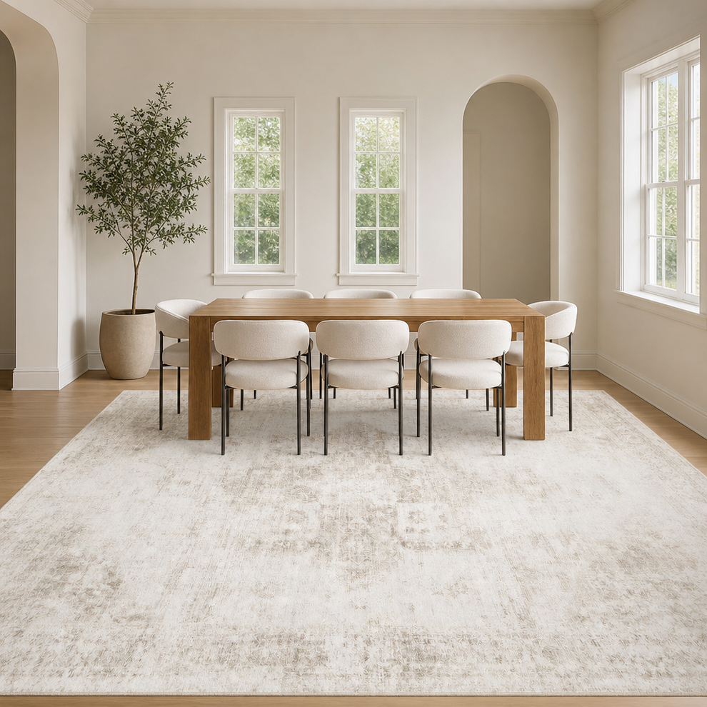 Beige distressed medallion area rug under a wooden dining table and chairs, full-room front view