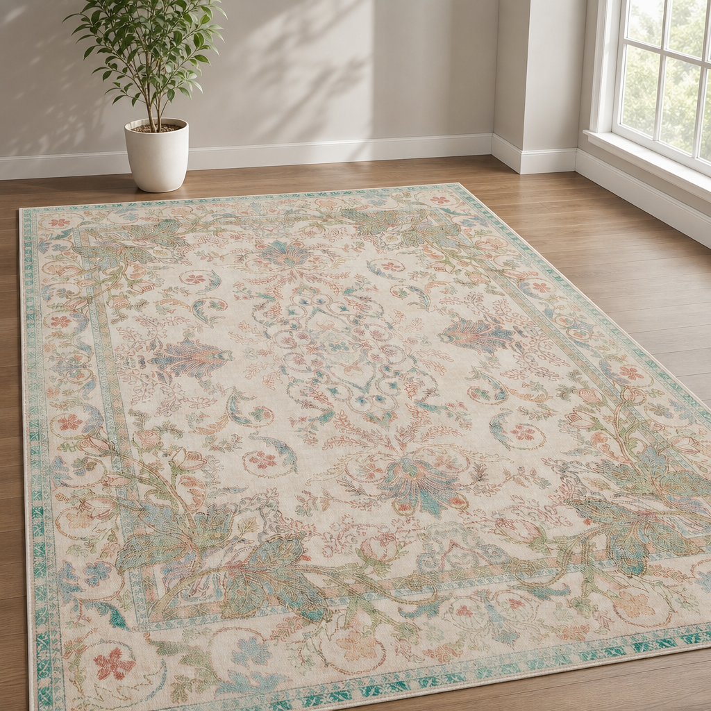Beige medallion and floral area rug angled close-up on hardwood floor with a potted plant at the top edge