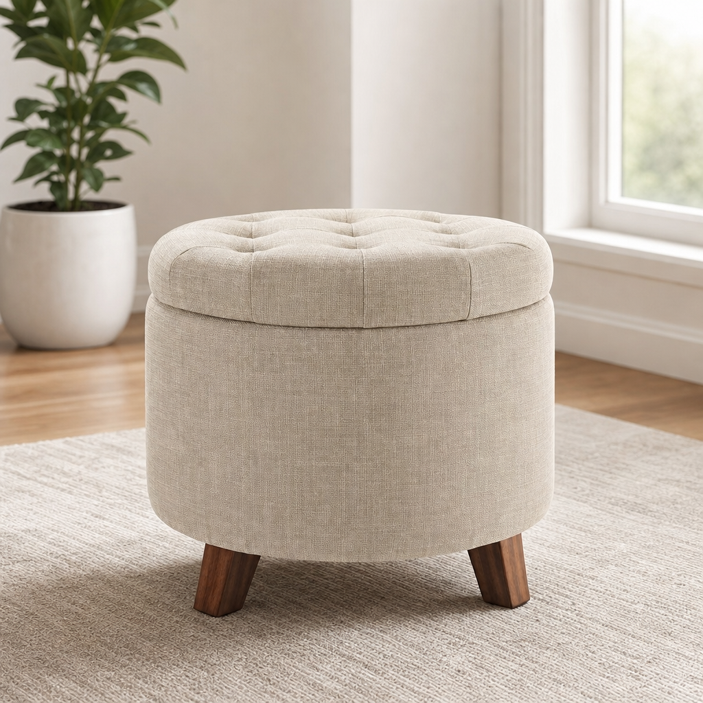 Burlap beige round tufted storage ottoman front view in a living room setting