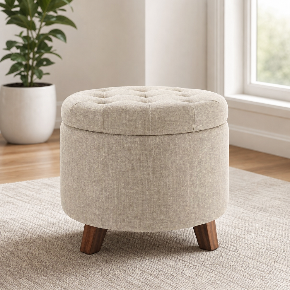 Burlap beige round tufted storage ottoman front view in a living room setting