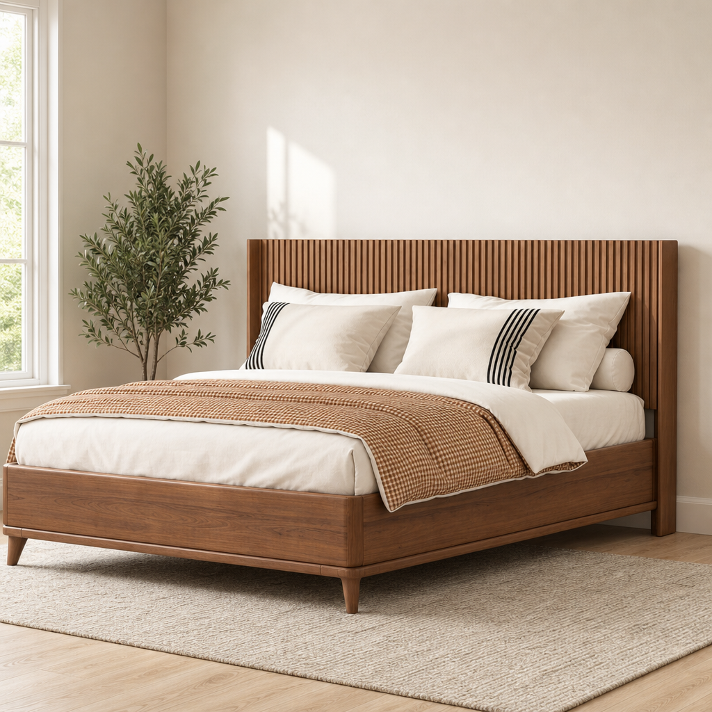Warm wood fluted wall-mounted headboard with matching low bed frame, angled front-left view in a neutral bedroom