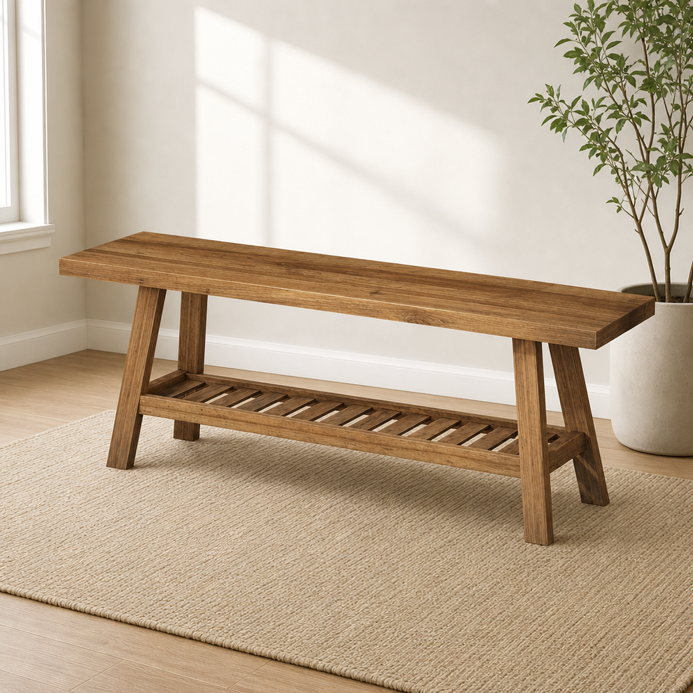 Solid wood entryway bench angled front view with slatted lower shelf on a neutral rug