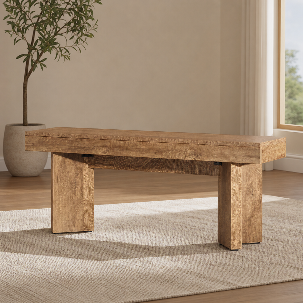Rustic brown engineered wood entryway bench, angled front view on a light woven rug