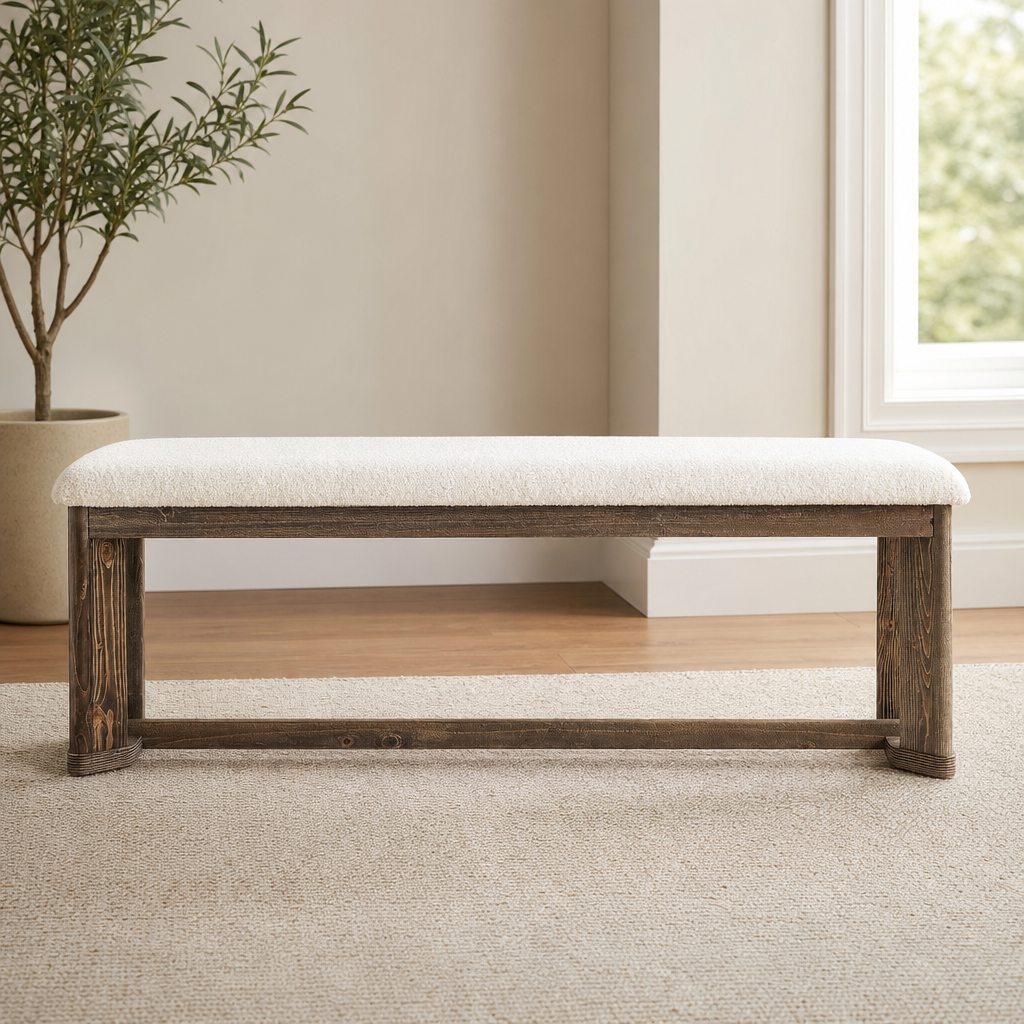 White faux lamb fur bench cushion on antique-finish solid wood base, front view in a neutral room