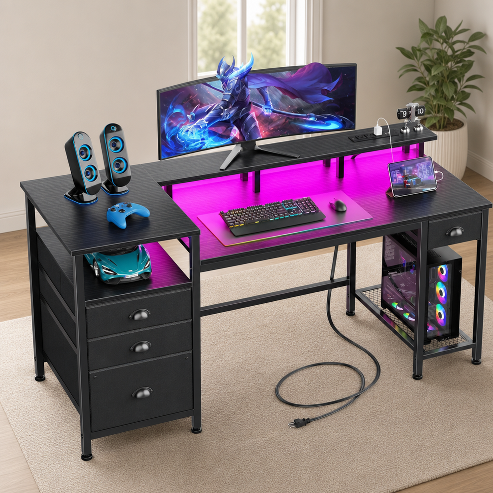 Black 60-inch computer desk angled front view with raised monitor stand and magenta RGB lighting