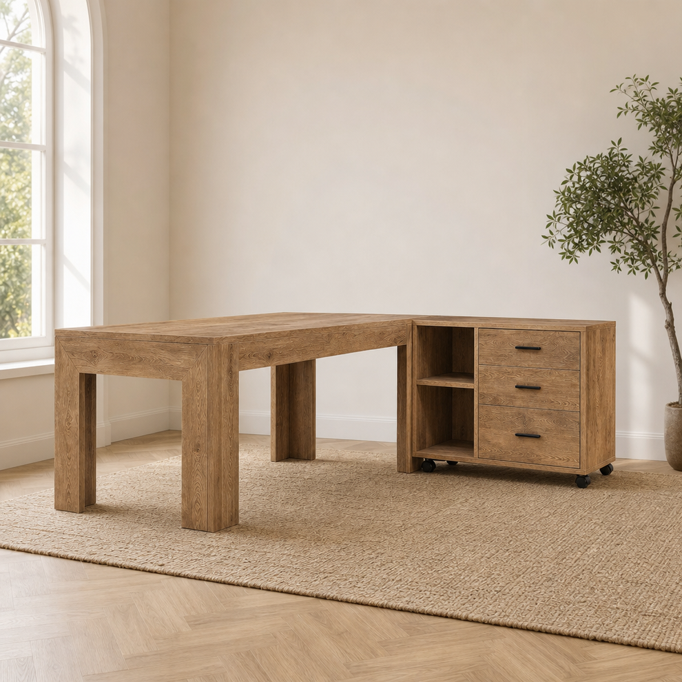 Brown L-shaped engineered wood desk with separate rolling file cabinet angled front view on a neutral rug
