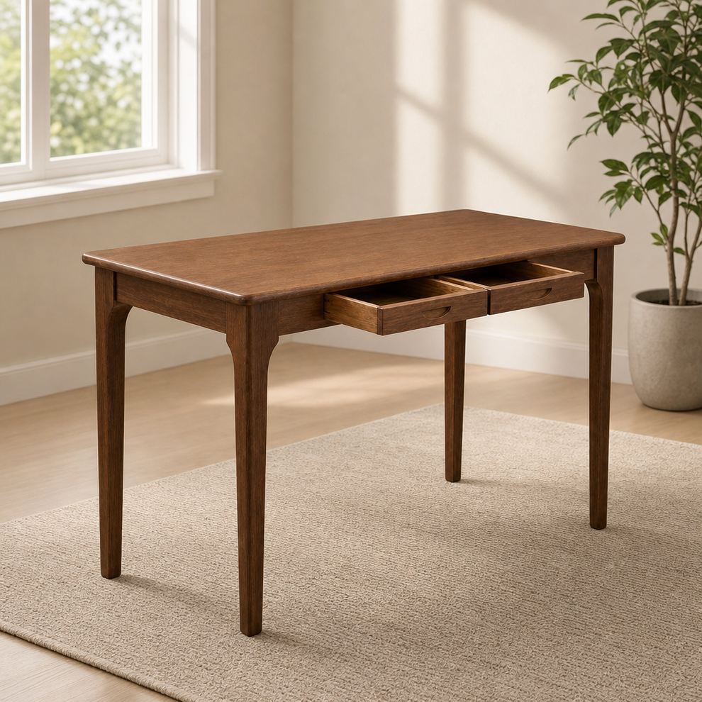 Walnut solid wood desk with two open drawers, angled front view on a neutral rug