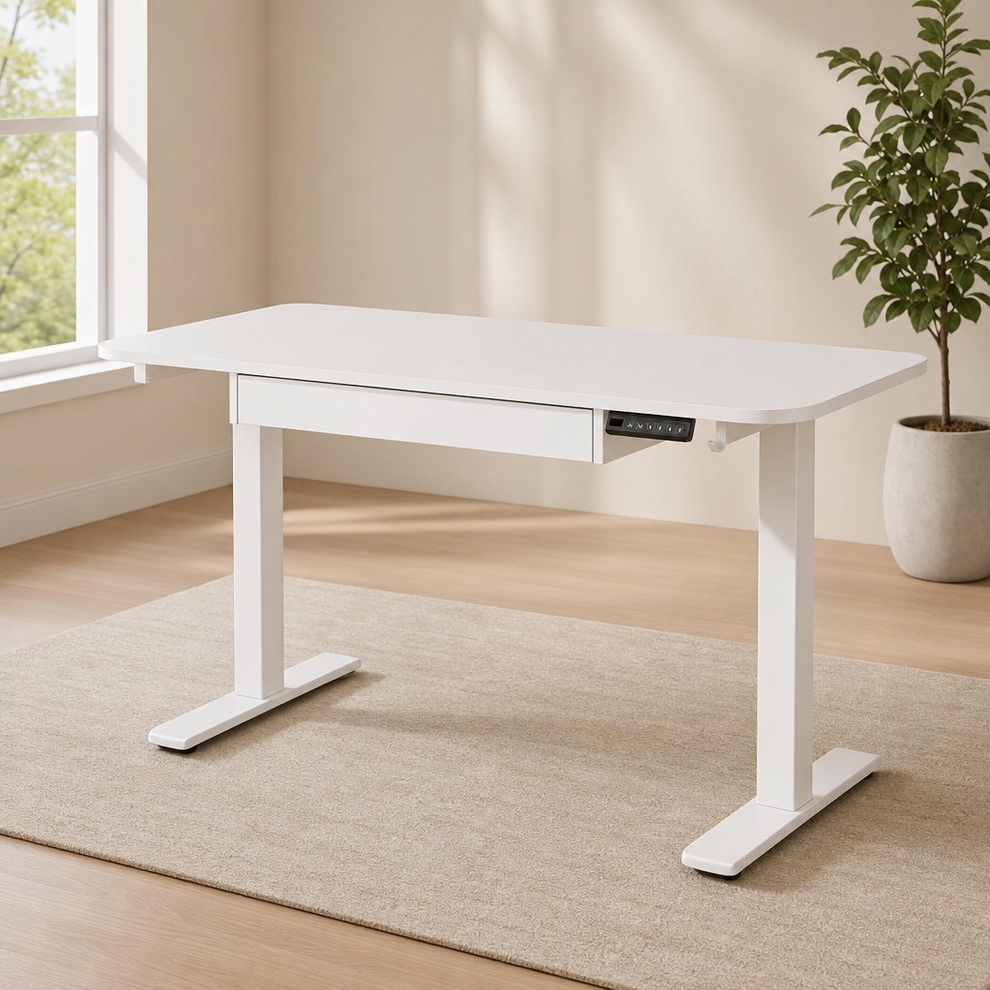 White height-adjustable desk with FSC-certified wood top, closed pull-out drawer and LED control panel angled front view