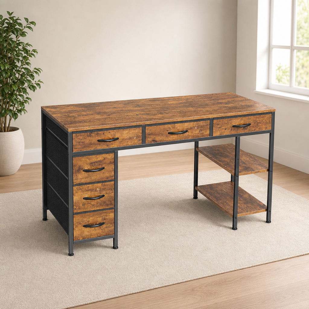 Brown-finish desk with six fabric drawers and metal frame, angled front view in a bright room