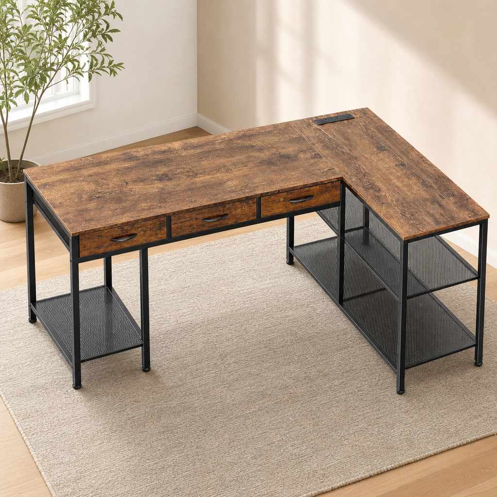 Rustic brown L-shaped desk angled top view showing three fabric drawers and metal mesh shelves on a light rug