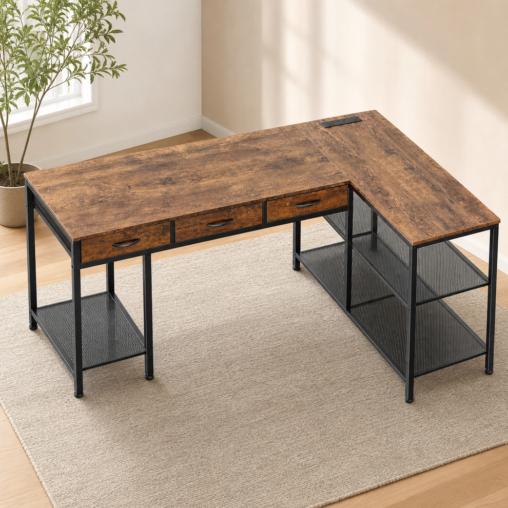 Rustic brown L-shaped desk angled top view showing three fabric drawers and metal mesh shelves on a light rug