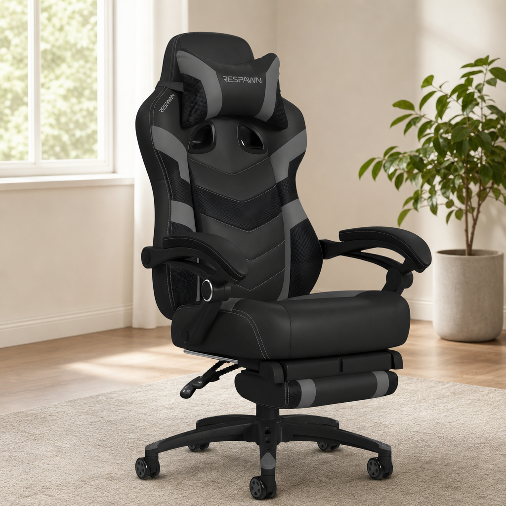 Black and grey racing-style gaming chair angled front-left with footrest extended in a bright room