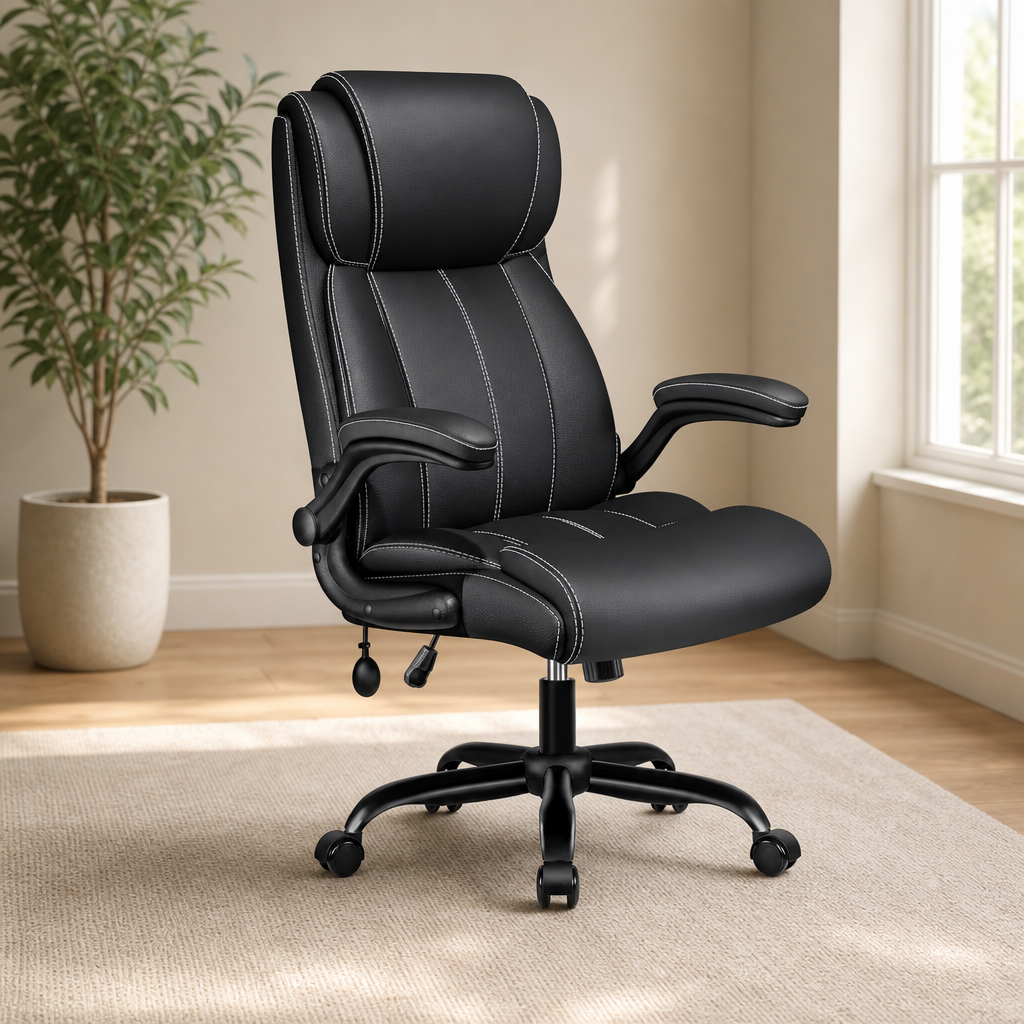 Black bonded PU high-back office chair angled front-left view on a rug in a home office setting
