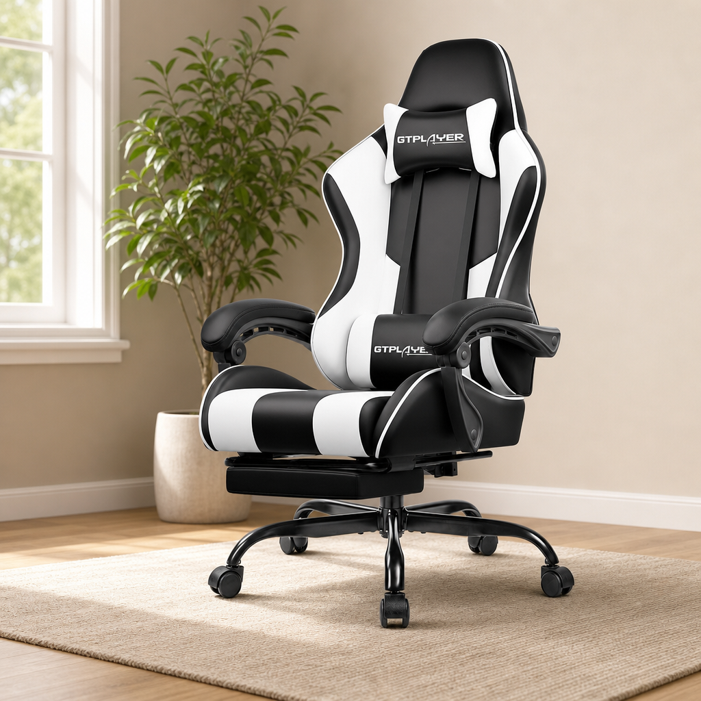 Black and white high-back gaming chair angled front view in a bright room with the retractable footrest extended.