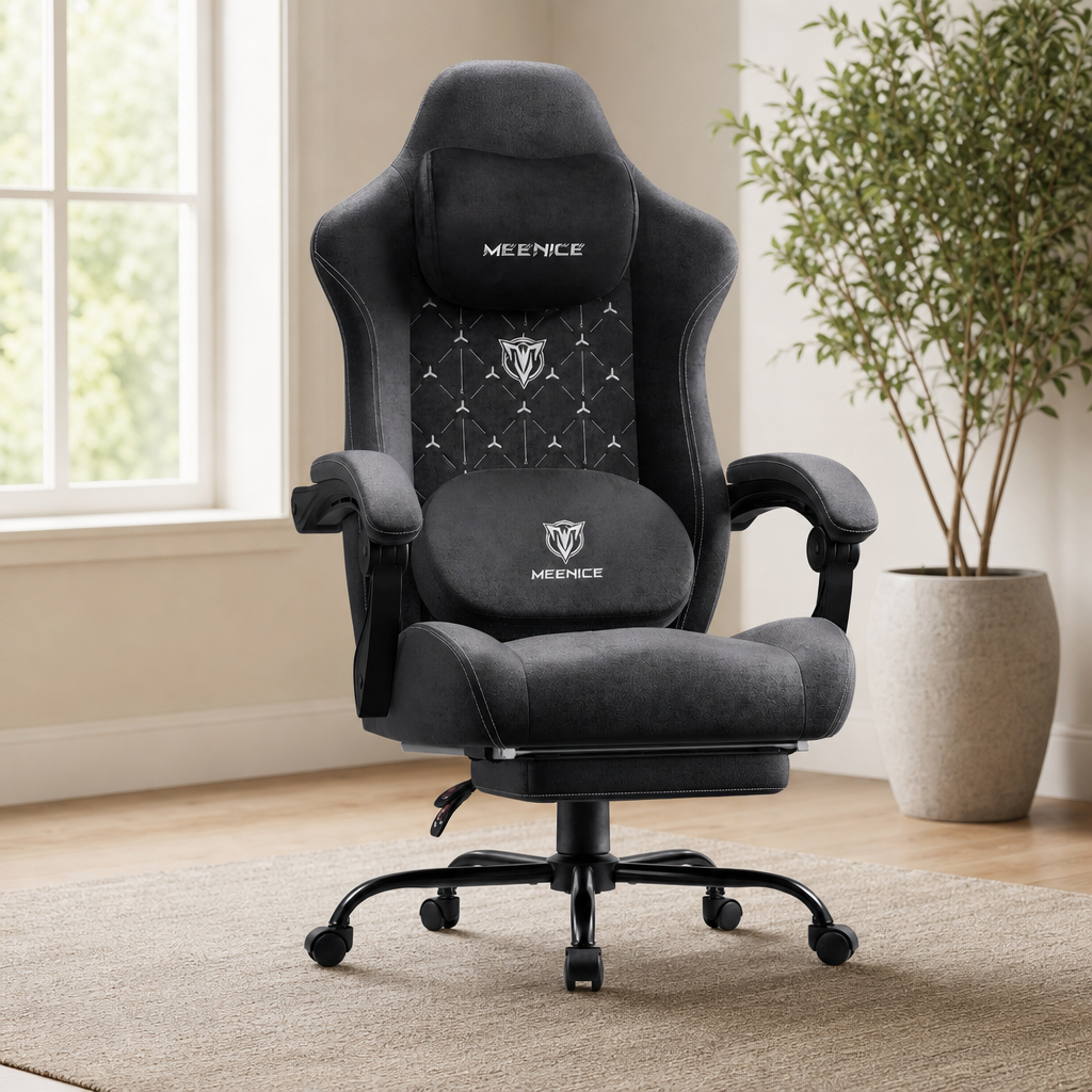 Grey fabric high-back gaming chair angled front view with headrest, lumbar pillow and visible caster base