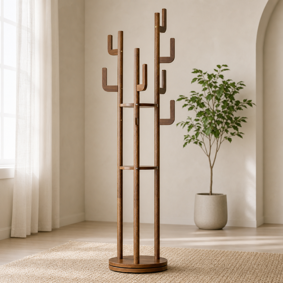 Walnut finish rotating hall tree full-height front view on a rug with a potted plant in the background