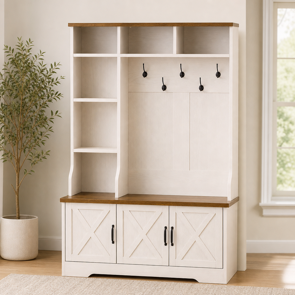 White hall tree entry bench with brown top, three-door shoe cabinet and open shelves, front view