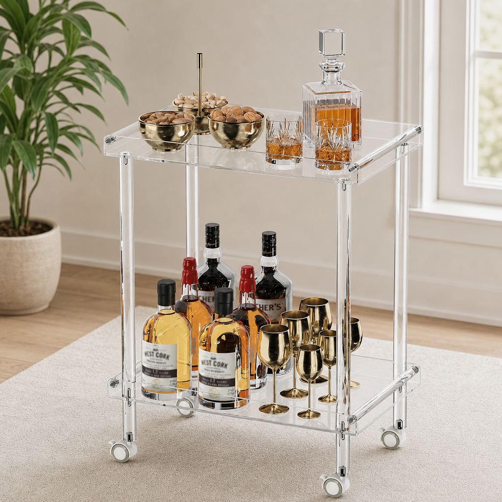 Clear acrylic two-tier bar cart on a light carpeted floor with bottles, gold glasses and decanter on top