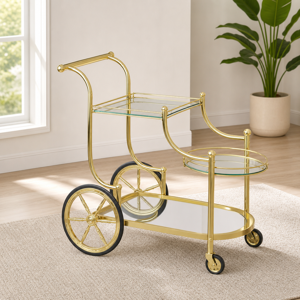 Gold 3-tier rolling bar cart angled front-left view showing mirrored shelves and a large spoked rear wheel in a bright room